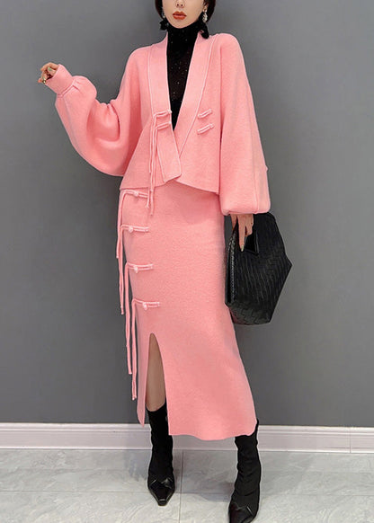 Beautiful Pink V Neck Button Woolen Top And Maxi Skirts Two Pieces Set Winter