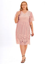 Load image into Gallery viewer, Beautiful Pink V Neck Hollow Out Patchwork Lace Mid Dress Short Sleeve