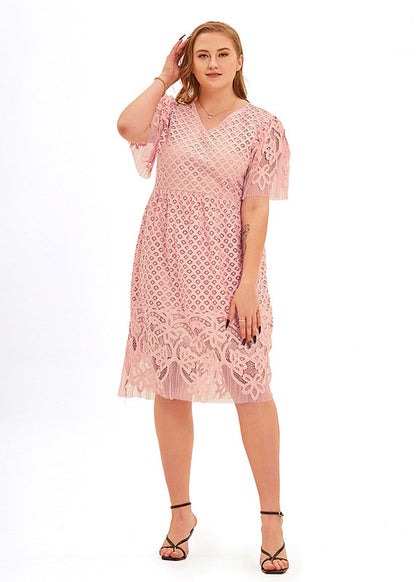 Beautiful Pink V Neck Hollow Out Patchwork Lace Mid Dress Short Sleeve