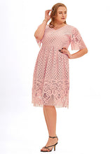 Load image into Gallery viewer, Beautiful Pink V Neck Hollow Out Patchwork Lace Mid Dress Short Sleeve
