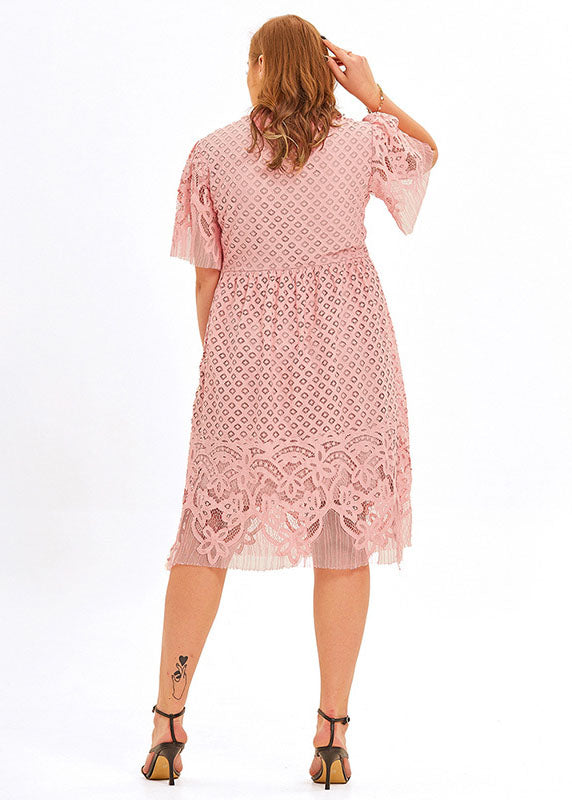 Beautiful Pink V Neck Hollow Out Patchwork Lace Mid Dress Short Sleeve