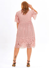 Load image into Gallery viewer, Beautiful Pink V Neck Hollow Out Patchwork Lace Mid Dress Short Sleeve
