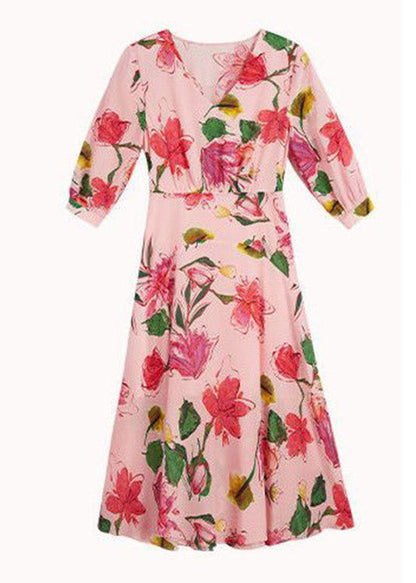 Beautiful Pink V Neck Print Tunic Chiffon Long Dresses Summer