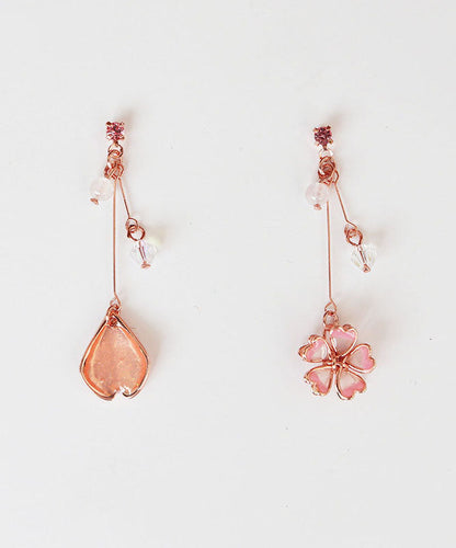 Beautiful Pink Water Drops And Cherry Blossoms Crystal Asymmetrical Design Drop Earrings