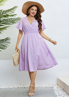 Beautiful Purple V Neck Print Elastic Waist Silk Long Dress Short Sleeve