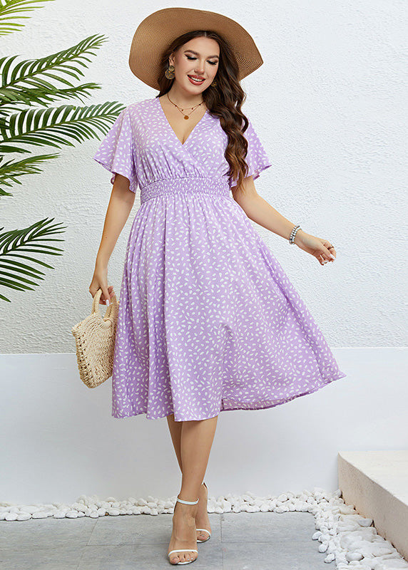 Beautiful Purple V Neck Print Elastic Waist Silk Long Dress Short Sleeve
