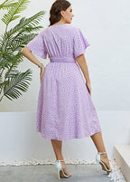 Beautiful Purple V Neck Print Elastic Waist Silk Long Dress Short Sleeve
