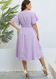 Beautiful Purple V Neck Print Elastic Waist Silk Long Dress Short Sleeve