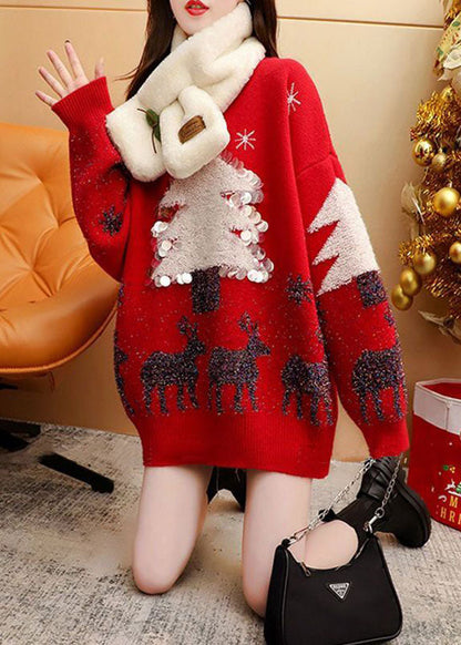 Beautiful Red O-Neck Christmas Jacquard Knit Long Sweater Winter