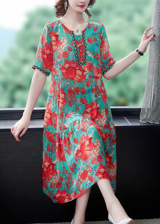 Beautiful Red O-Neck Print Silk Party Dress Summer