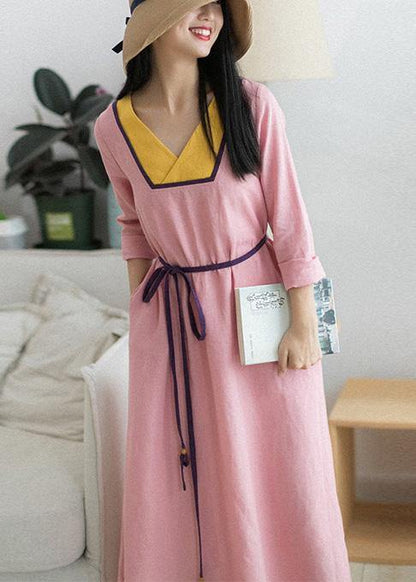 Beautiful V Neck Patchwork Spring Clothes Fabrics Pink Maxi Dress