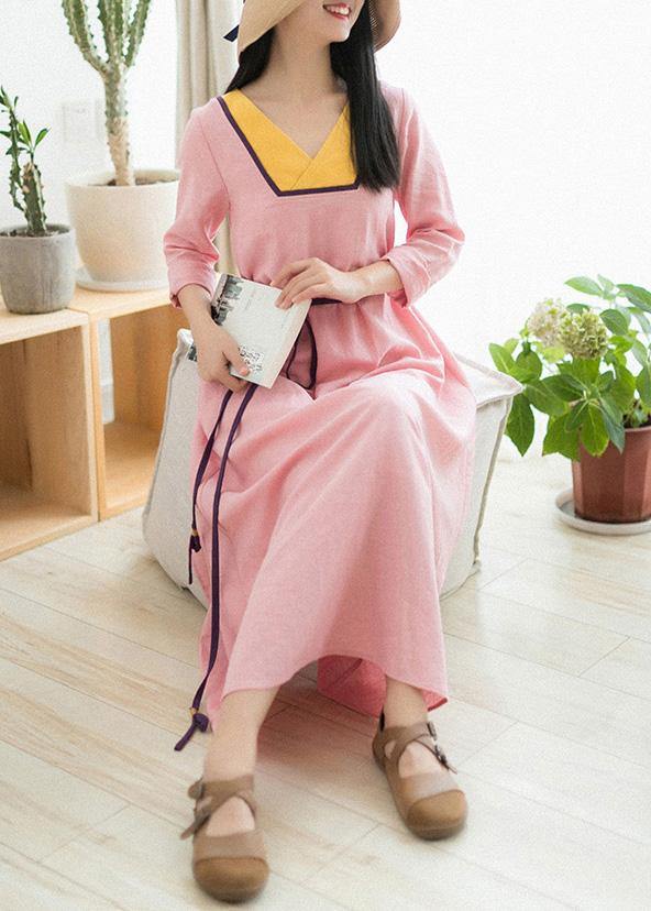 Beautiful V Neck Patchwork Spring Clothes Fabrics Pink Maxi Dress