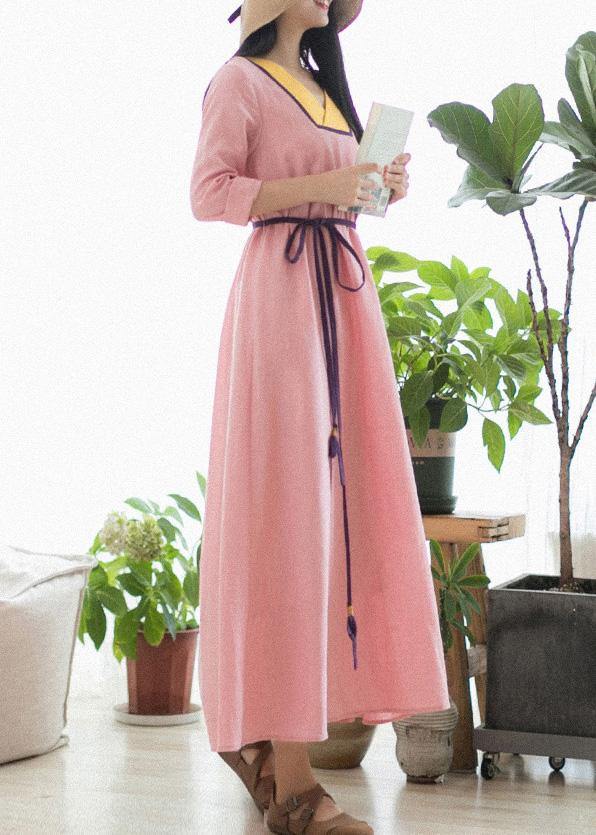Beautiful V Neck Patchwork Spring Clothes Fabrics Pink Maxi Dress