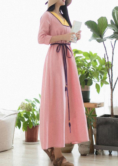 Beautiful V Neck Patchwork Spring Clothes Fabrics Pink Maxi Dress