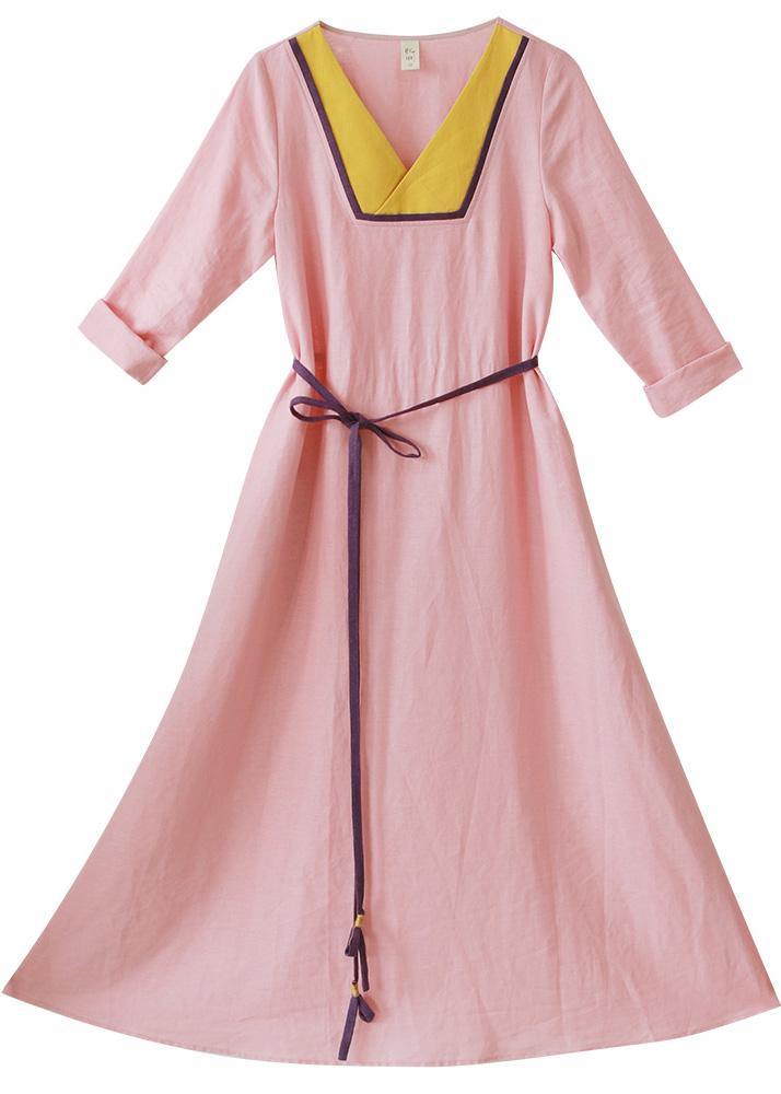 Beautiful V Neck Patchwork Spring Clothes Fabrics Pink Maxi Dress