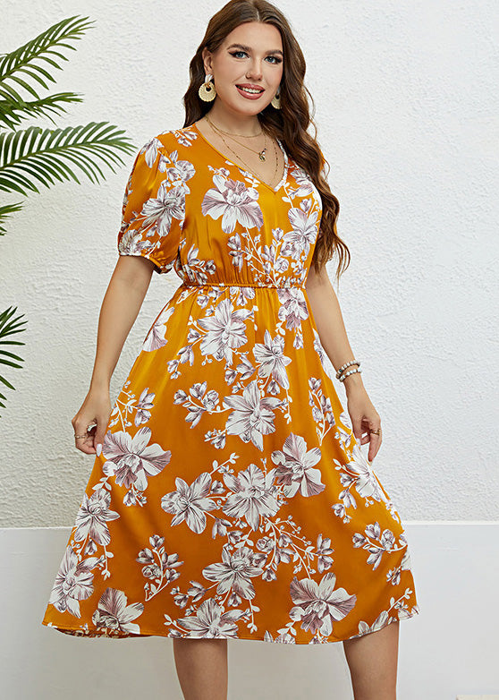 Beautiful Yellow Print Wrinkled Silk Long Dresses Summer