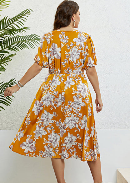 Beautiful Yellow Print Wrinkled Silk Long Dresses Summer