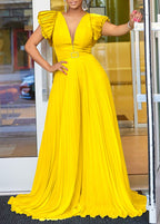 Beautiful Yellow V Neck Tulle Patchwork Wrinkled Sashes Jumpsuit Summer
