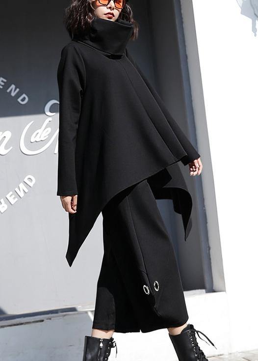 Beautiful black cotton clothes For Women asymmetric hem oversized high neck tops