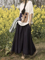 Beautiful black linen cotton Wardrobes elastic waist pockets Plus Size Clothing skirt