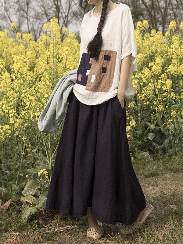 Beautiful black linen cotton Wardrobes elastic waist pockets Plus Size Clothing skirt