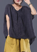 Beautiful black striped linen clothes For Women v neck baggy summer top