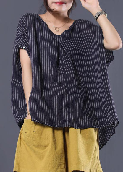 Beautiful black striped linen clothes For Women v neck baggy summer top