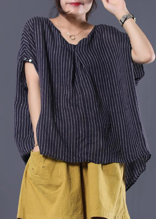 Beautiful black striped linen clothes For Women v neck baggy summer top