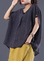 Beautiful black striped linen clothes For Women v neck baggy summer top