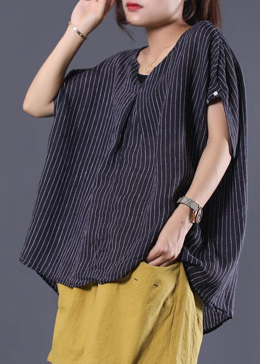 Beautiful black striped linen clothes For Women v neck baggy summer top