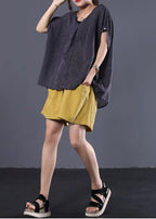 Beautiful black striped linen clothes For Women v neck baggy summer top