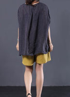 Beautiful black striped linen clothes For Women v neck baggy summer top