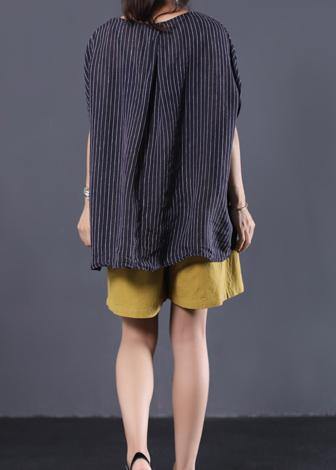 Beautiful black striped linen clothes For Women v neck baggy summer top
