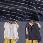 Beautiful black striped linen clothes For Women v neck baggy summer top