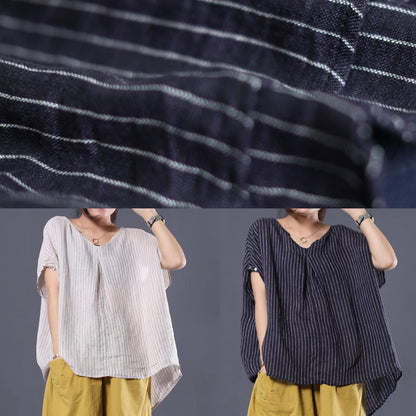 Beautiful black striped linen clothes For Women v neck baggy summer top