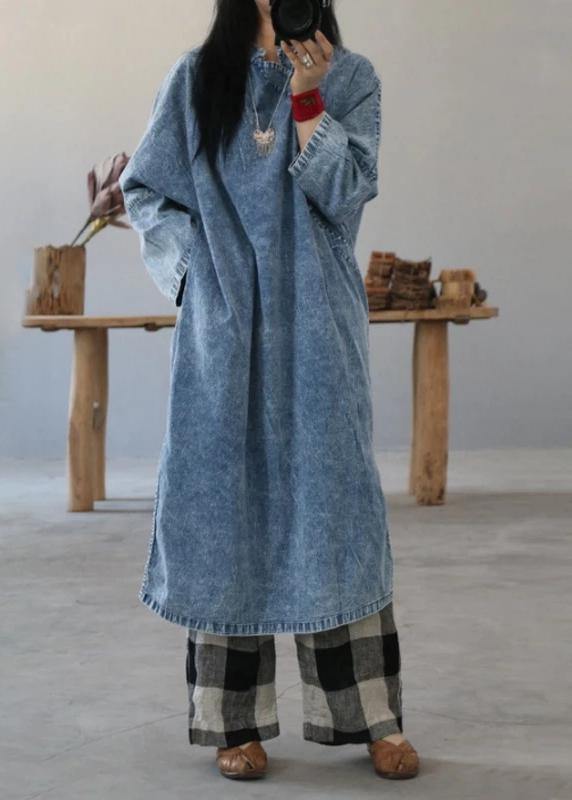 Beautiful cotton dress Fashion Retro Solid Color Frog Denim Blue Loose Dress