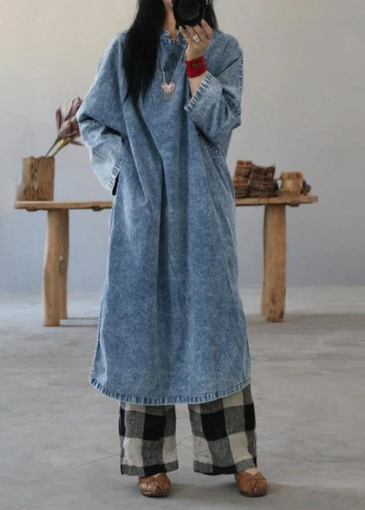 Beautiful cotton dress Fashion Retro Solid Color Frog Denim Blue Loose Dress