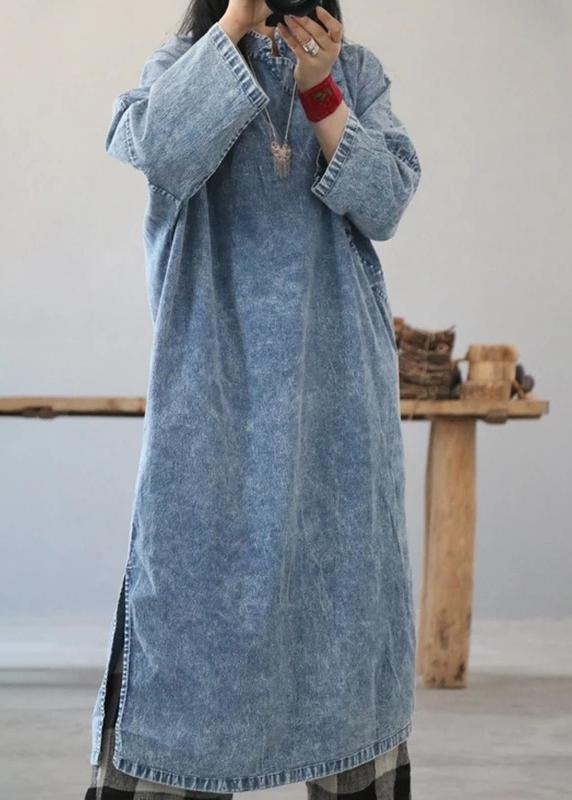 Beautiful cotton dress Fashion Retro Solid Color Frog Denim Blue Loose Dress