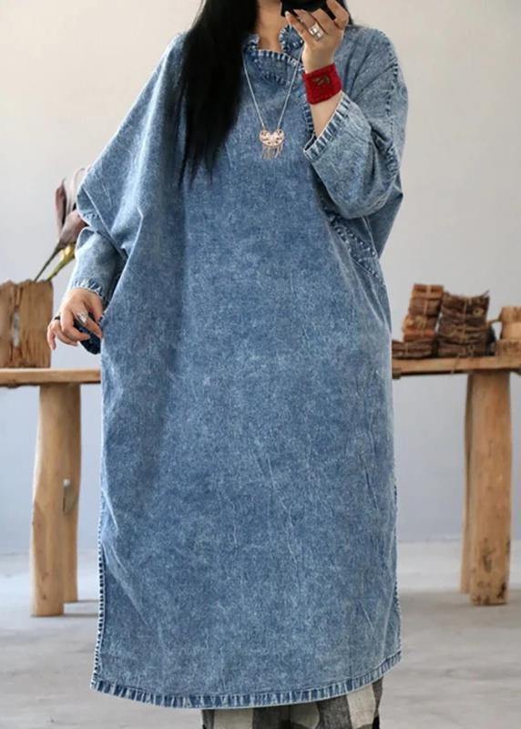 Beautiful cotton dress Fashion Retro Solid Color Frog Denim Blue Loose Dress