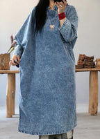 Beautiful cotton dress Fashion Retro Solid Color Frog Denim Blue Loose Dress