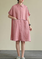 Beautiful lapel pockets linen summer dresses Runway pink Dress