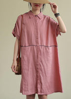 Beautiful lapel pockets linen summer dresses Runway pink Dress