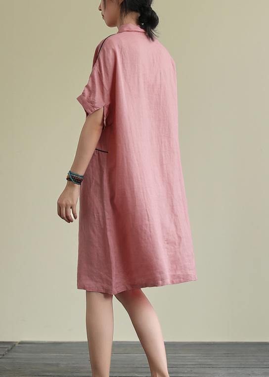 Beautiful lapel pockets linen summer dresses Runway pink Dress