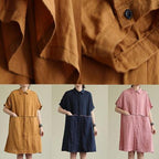 Beautiful lapel pockets linen summer dresses Runway pink Dress