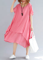 Beautiful o neck asymmetric linen clothes Organic Neckline pink oversized Dress Summer