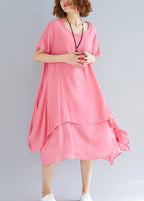 Beautiful o neck asymmetric linen clothes Organic Neckline pink oversized Dress Summer