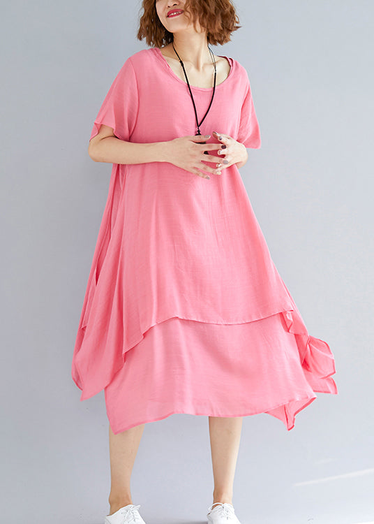 Beautiful o neck asymmetric linen clothes Organic Neckline pink oversized Dress Summer