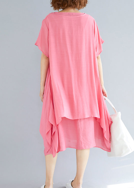 Beautiful o neck asymmetric linen clothes Organic Neckline pink oversized Dress Summer