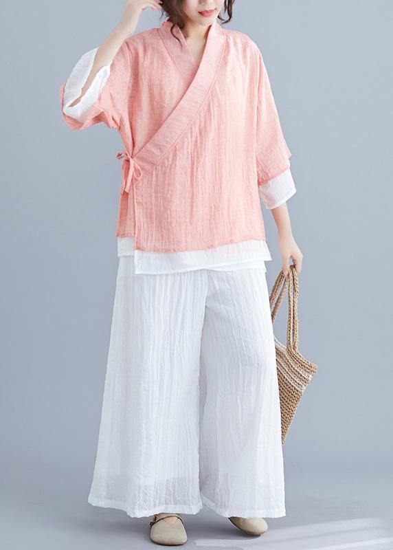 Beautiful pink cotton Shirts Wardrobes v neck half sleeve summer blouse