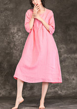 Load image into Gallery viewer, Beautiful pink linen clothes For Women fine Sewing o neck Cinched baggy Summer Dress
